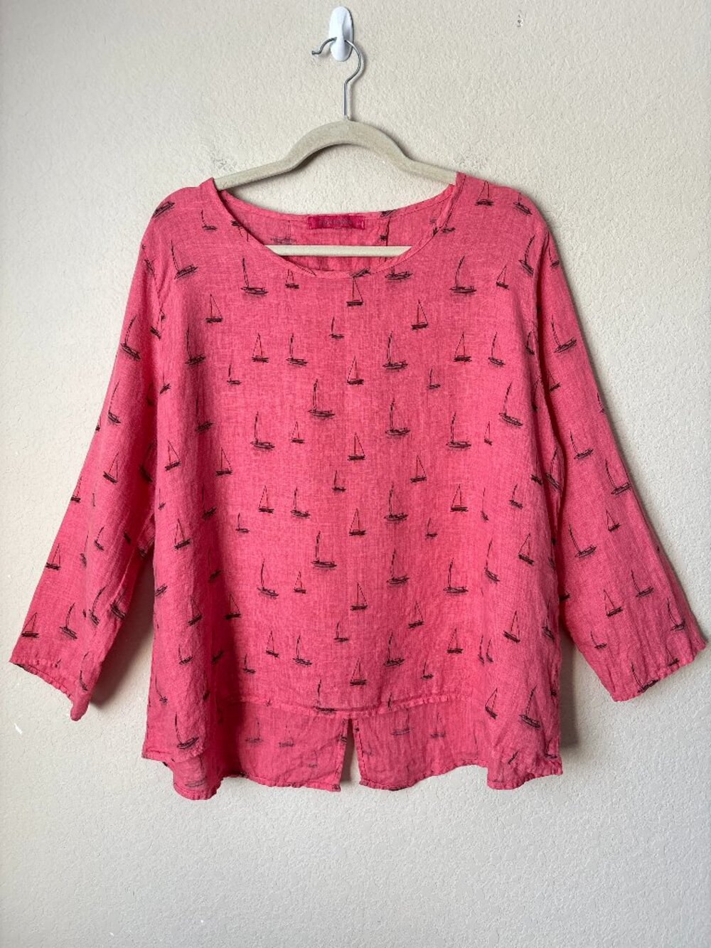 Cut Loose Linen Novelty Sailboat Print Relaxed Fit Lagenlook Blouse Top